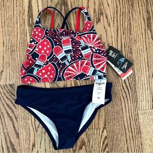 SPEEDO Girls Swim Bikini Matching 2 piece Set USA Red White Blue beach Sz 12 NEW